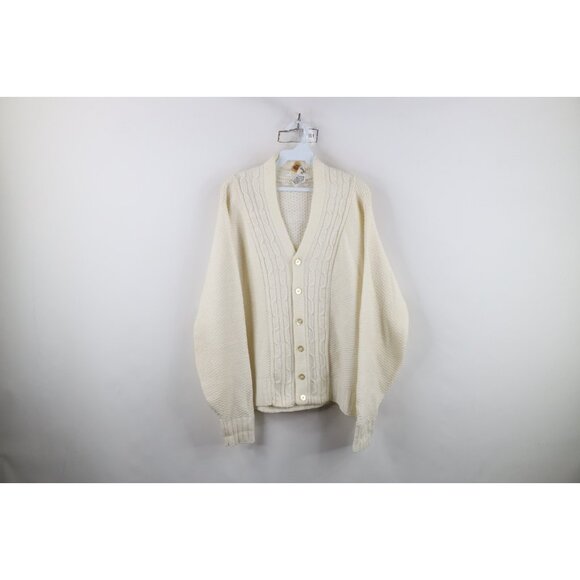 Vintage 50s Penneys Mens Medium Thermal Cable Knit Cardigan Sweater White USA - Picture 1 of 12